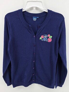 Disney Eeyore Navy Button Cardigan Sweater – Size M – Embroidered Floral